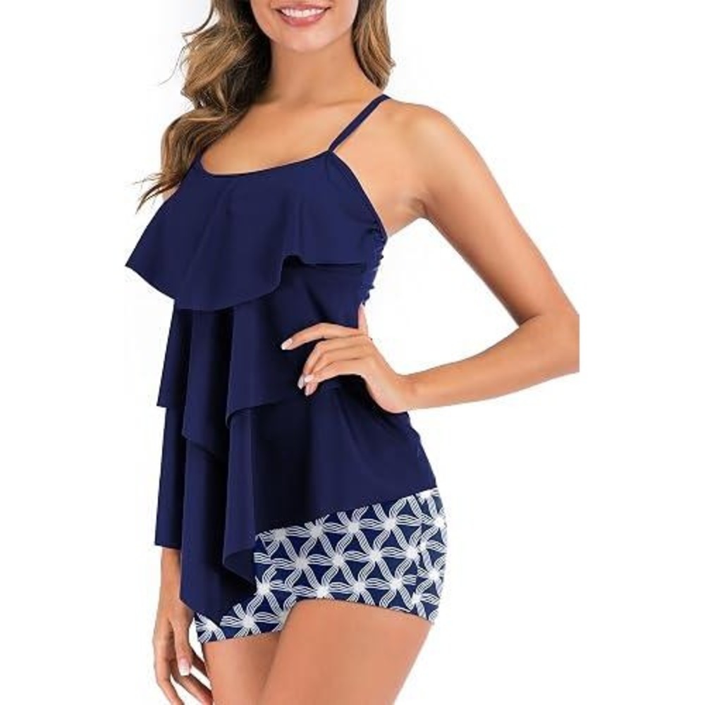 B2PRITY Womens‎ Blue Ruffle Tankini Set with Geometric Boy Shorts Size XL NEW